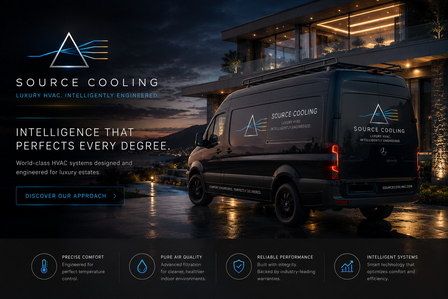 Source Cooling Elite Response Vehicle parked at twilight outside custom estate